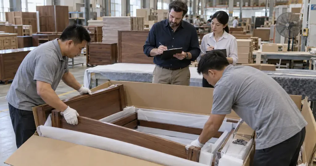Furniture factory team testing bedroom furniture packing before bulk production