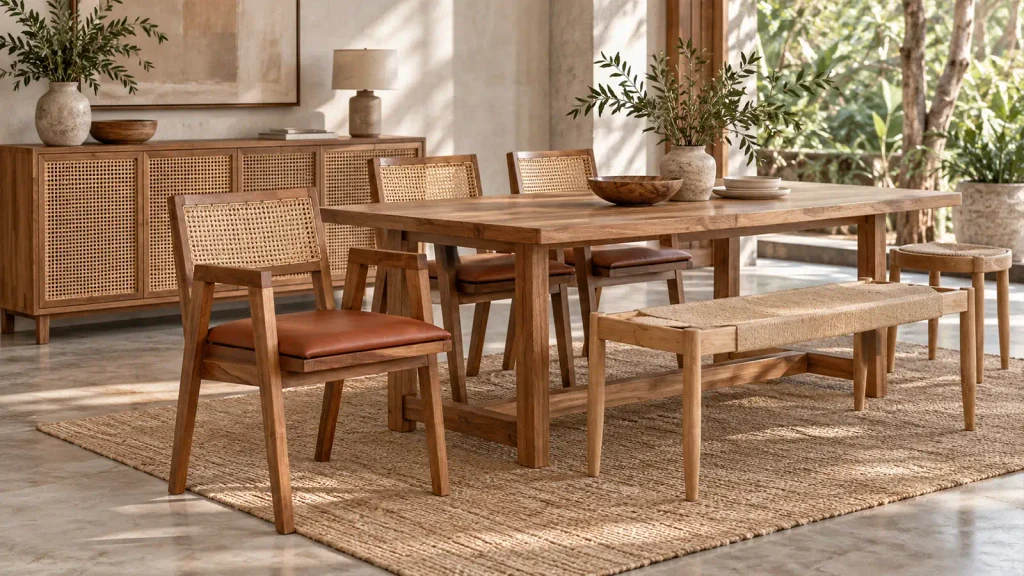 Indoor dining chairs matched with a dining table and related furniture collection.
