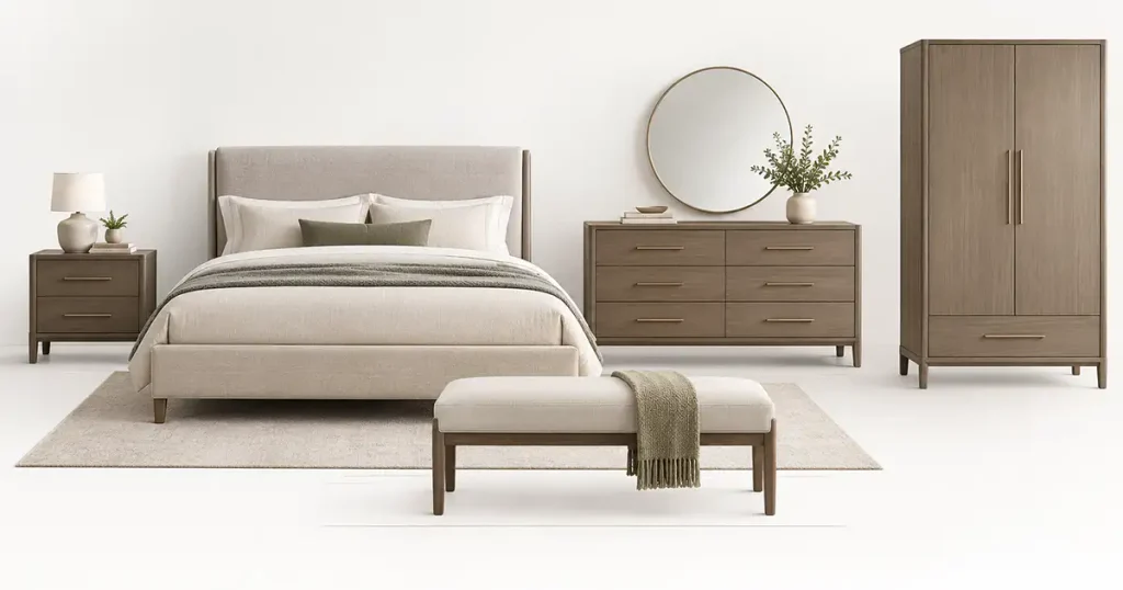 Commercial roles of bed, nightstand, dresser, wardrobe, and bench in a bedroom furniture collection