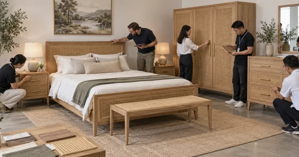Cross-SKU consistency review of a bedroom furniture collection before final approval