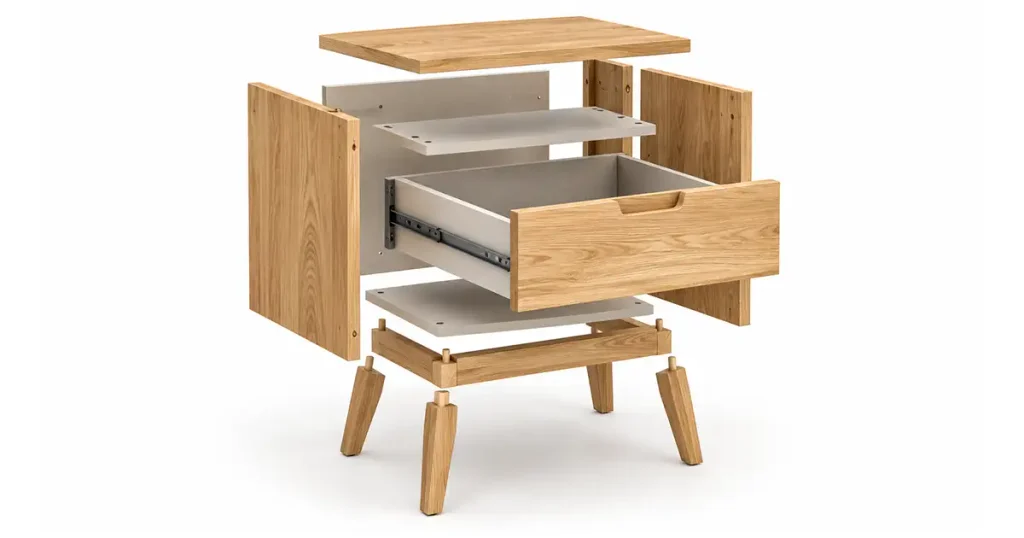 Custom bedside table component review showing visible solid wood parts and internal material areas being evaluated.