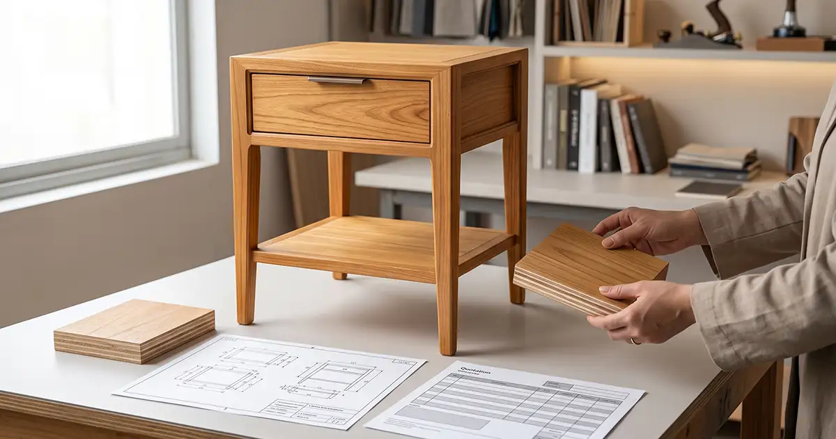 Custom bedside table cost review with solid Sungkai, plywood material options, and technical specifications.