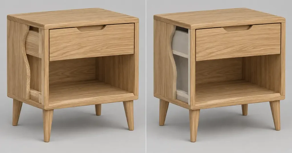 Custom bedside table material optimization comparing full solid Sungkai with selected solid wood and plywood construction.