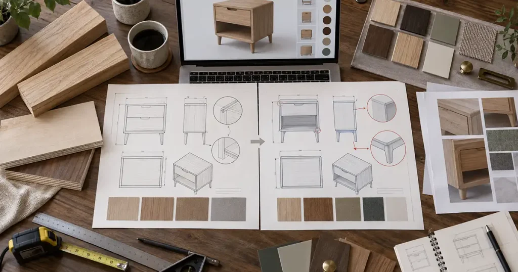 Custom bedside table revised specification with technical drawings, material samples, and a 3D render before sampling.