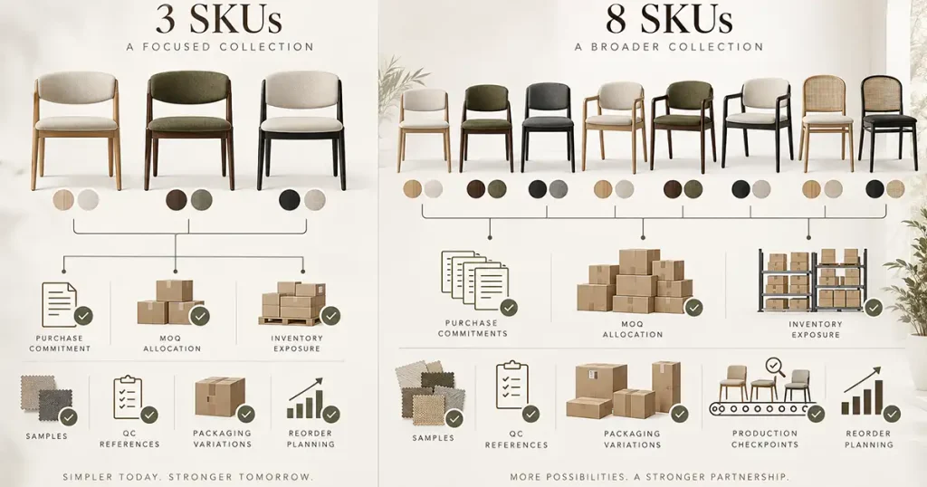 Dining chair collection SKU planning showing how more models increase MOQ and inventory complexity