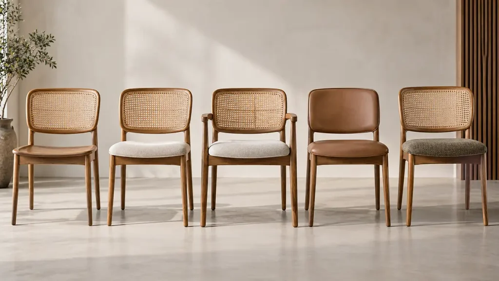 Dining chair collection using one design language across upholstered and woven chair variations.