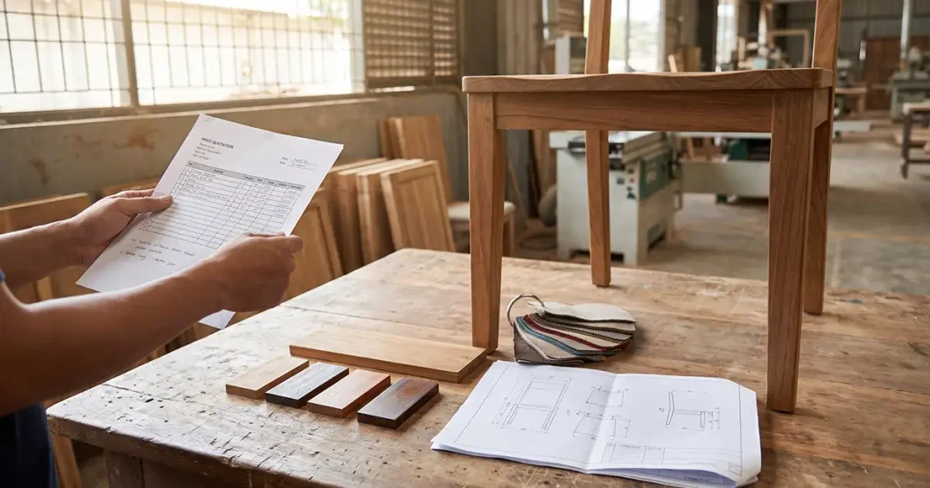 Buyer reviewing dining chair cost and specifications before placing a furniture order