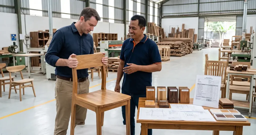 Dining Chair Supplier Material and Cost Review Dining chair supplier reviewing materials, quotation, and specifications for a custom dining chair