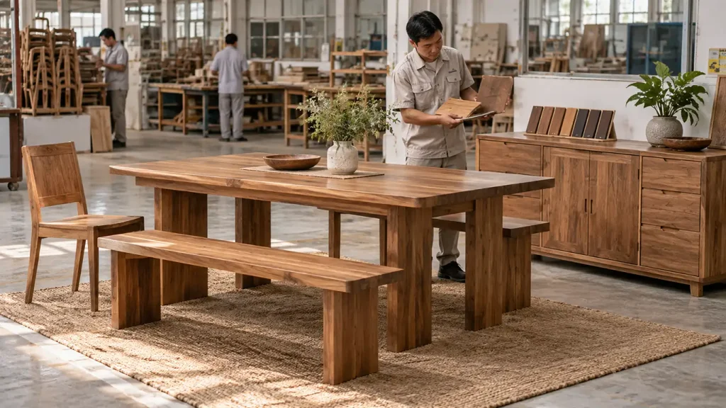 Dining chair, table, bench, and sideboard compared side by side for consistent wood finish standards