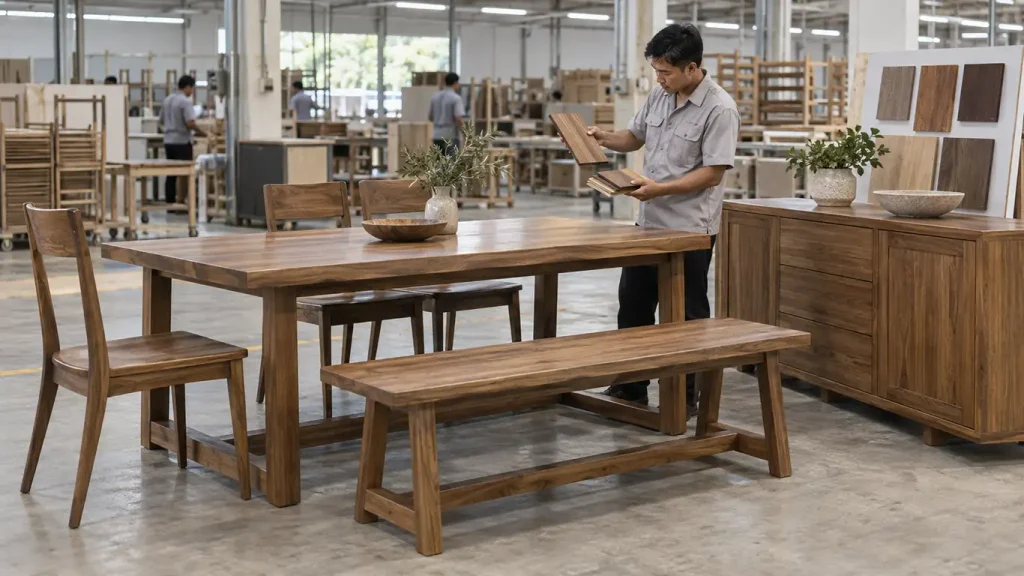 Furniture factory producing dining chairs, tables, sideboards, and rattan pieces with different construction methods