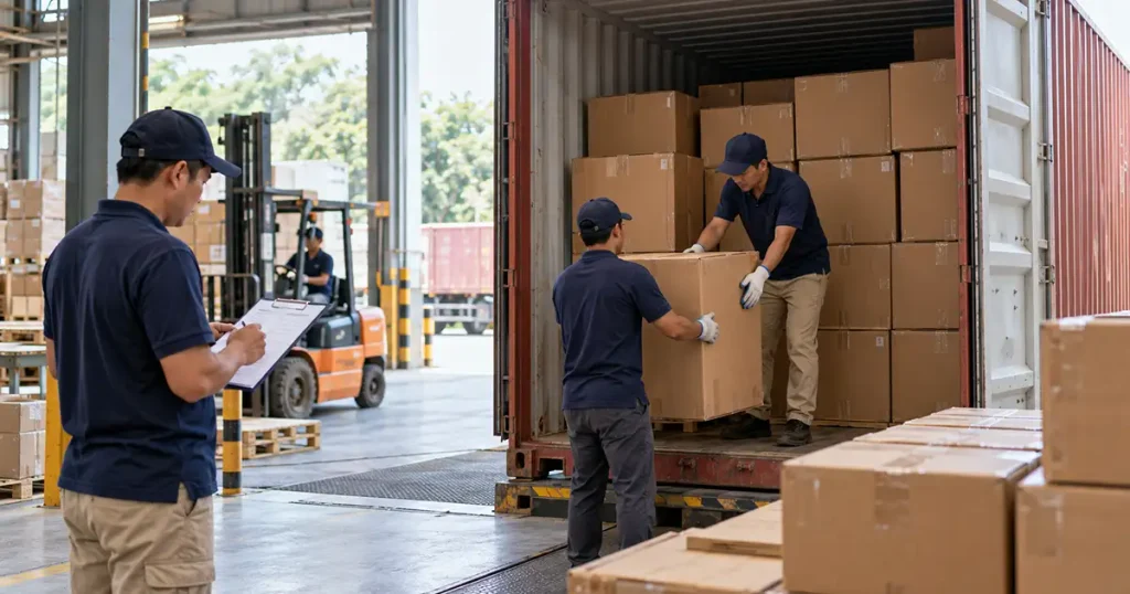 Workers loading packed furniture cartons into a shipping container at a furniture factory in Indonesia.