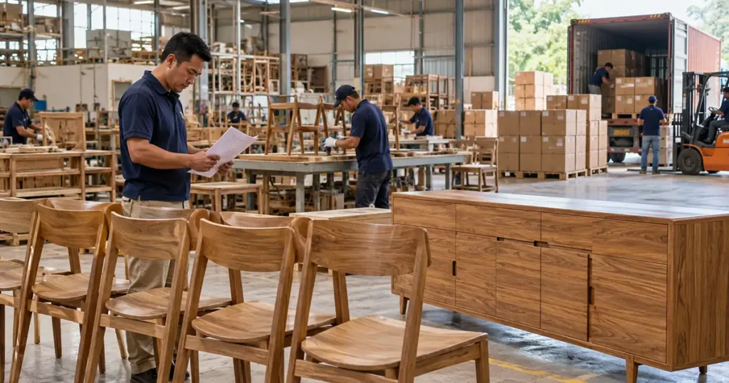 Furniture Factory in Indonesia Production and Export Preparation Supervisor reviewing an order sheet beside wooden dining chairs and export cartons at a furniture factory in Indonesia.
