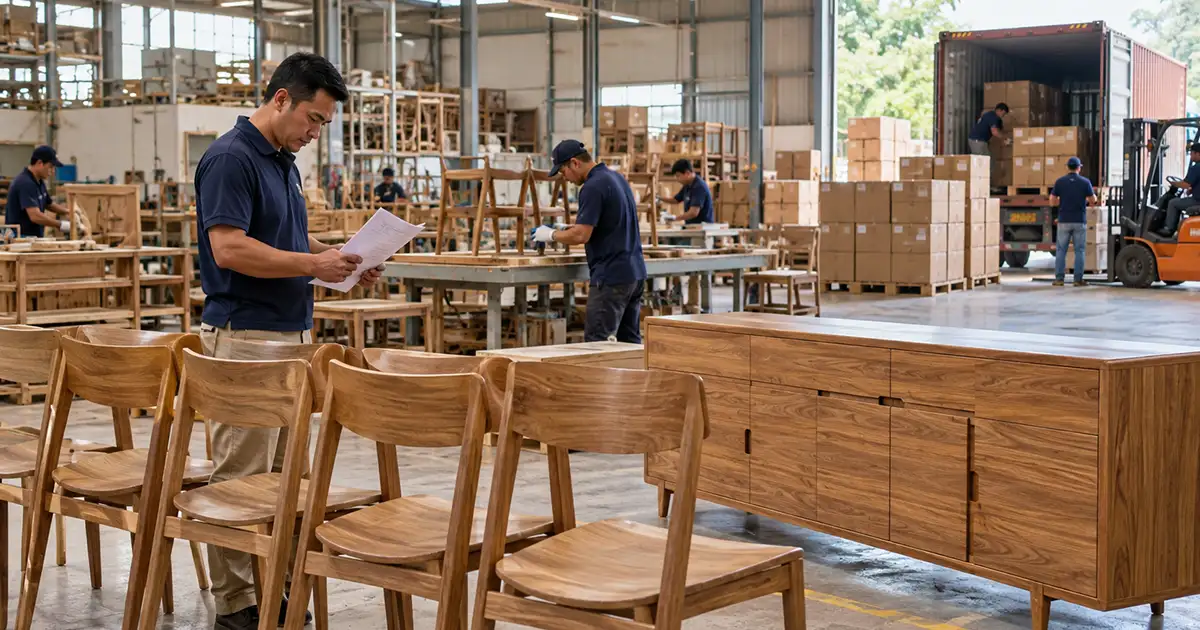 Supervisor reviewing an order sheet beside wooden dining chairs and export cartons at a furniture factory in Indonesia.