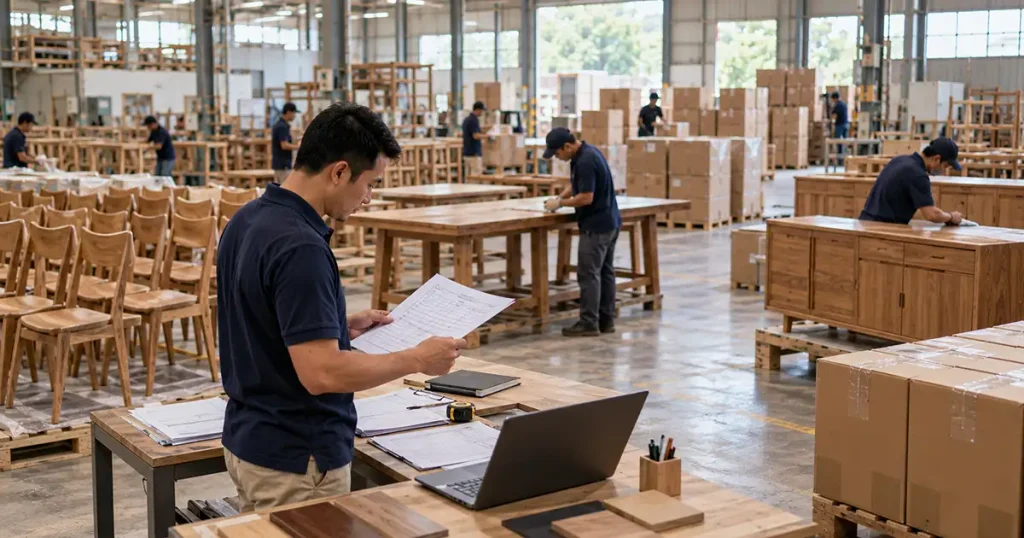 Supervisor reviewing a furniture lead time schedule beside dining chairs, tables, and sideboards at different production stages.
