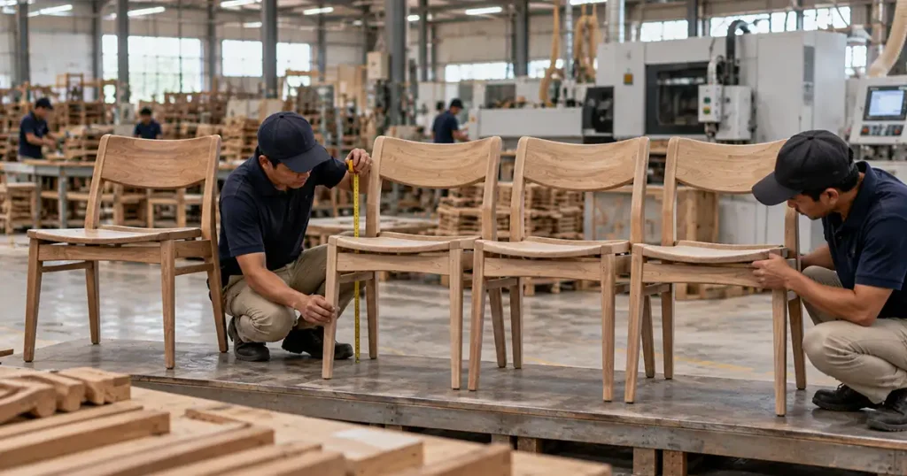 Furniture manufacturing process showing workers checking seat heights and joint alignment on wooden dining chair frames.