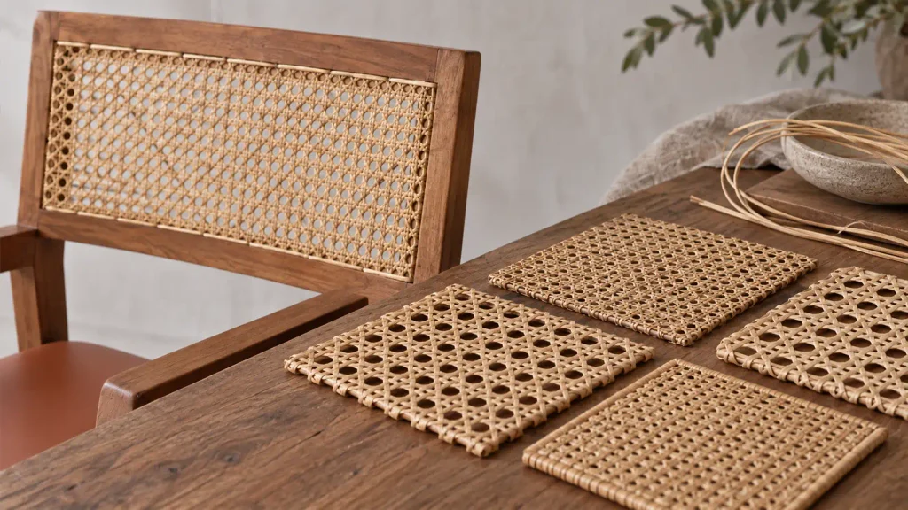 Rattan tone comparison showing how weave pattern changes the appearance of indoor dining chairs.