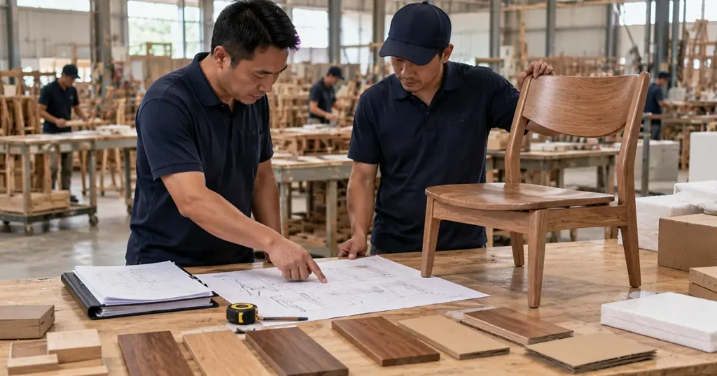 Staff at an Indonesian furniture manufacturer review technical drawings, a dining chair sample, and wood finish swatches.