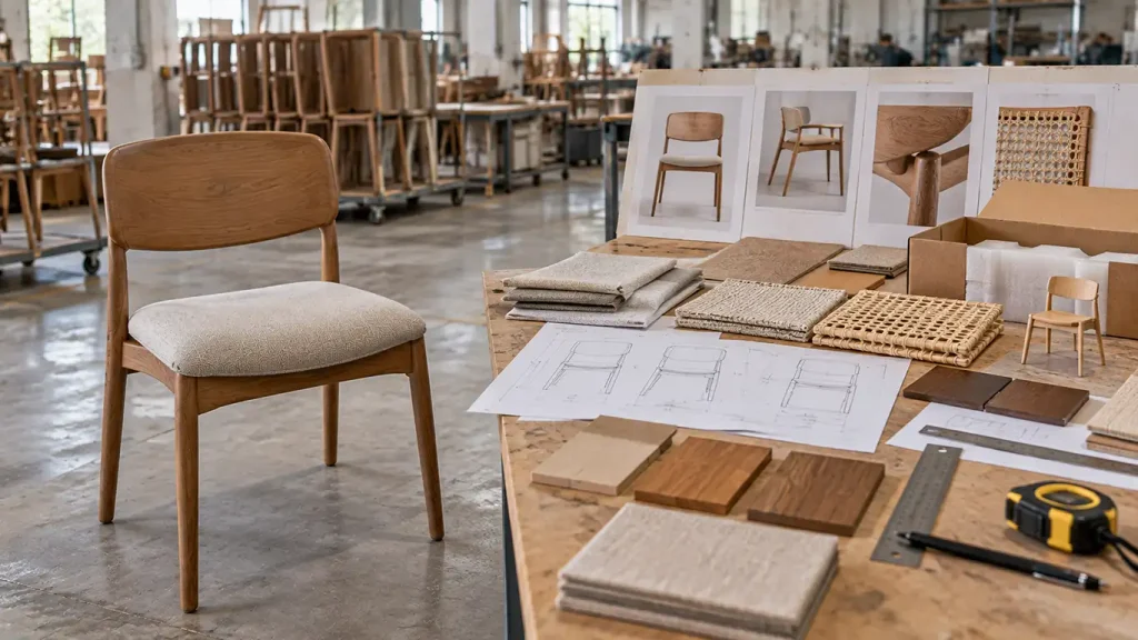 Custom dining chairs supported by approved samples, technical drawings, material references, and production specifications.