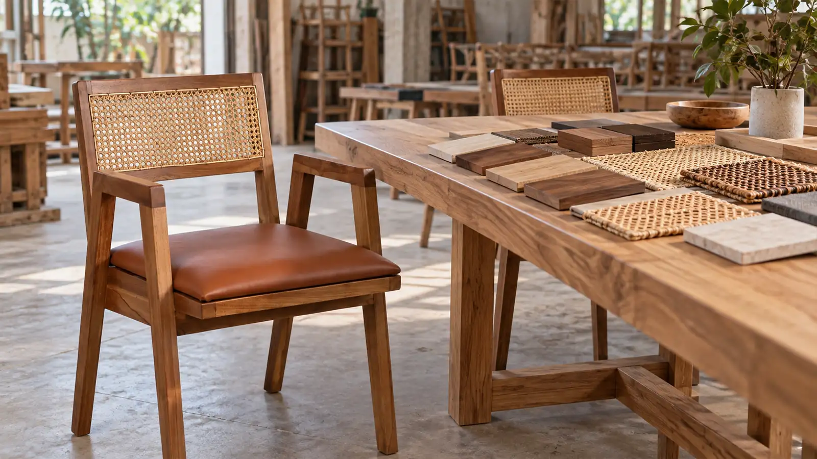 Indoor dining chairs with wood finish and rattan tone samples for a cohesive dining collection.