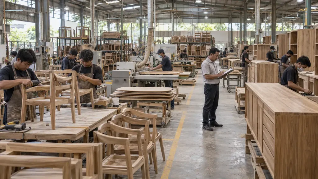 Dining chairs, tables, and sideboards moving through different production stages inside one furniture factory