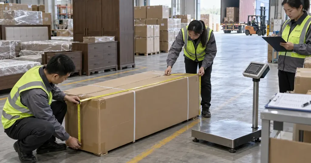 Multiple packed bedroom furniture SKUs prepared for shipment planning