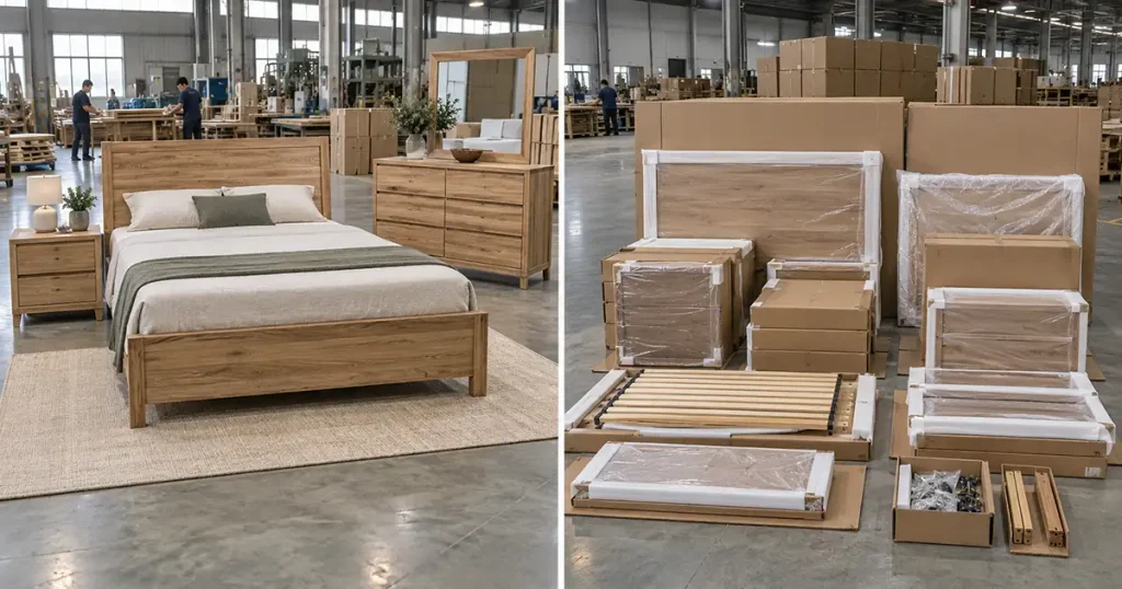 Finished bedroom furniture sample beside its approved packed shipping unit