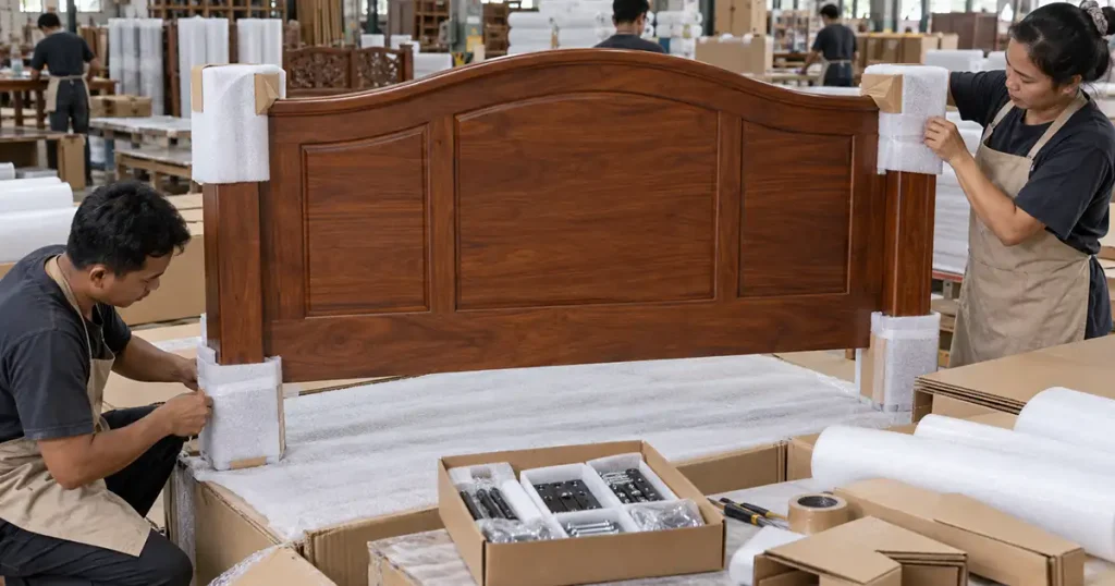 Mahogany headboard legs and exposed areas protected before export packing