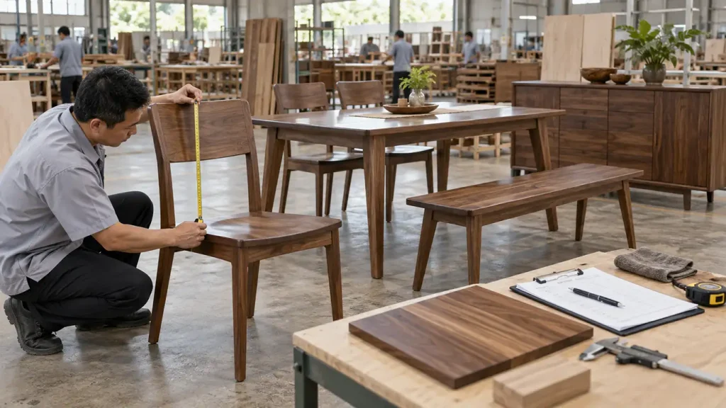 Quality inspector checking dining furniture while comparing chairs, table, bench, and sideboard from the same collection