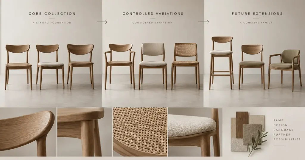 Scalable dining chair collection expanding from core SKUs into commercially justified variations