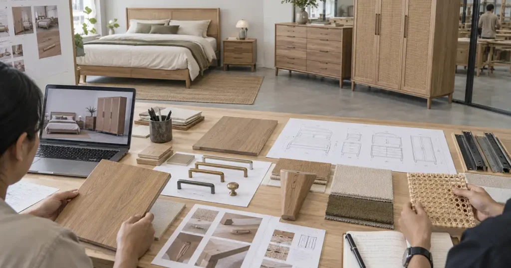 Shared finish, hardware, rattan, and material references for custom bedroom furniture development