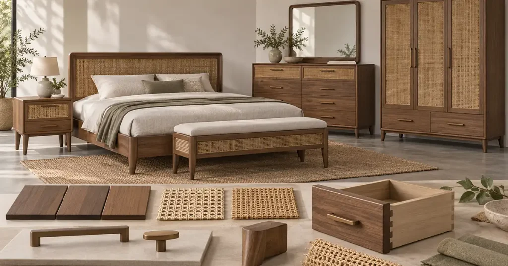Bedroom furniture collection showing shared finish, hardware, leg profile, and material specifications across multiple SKUs