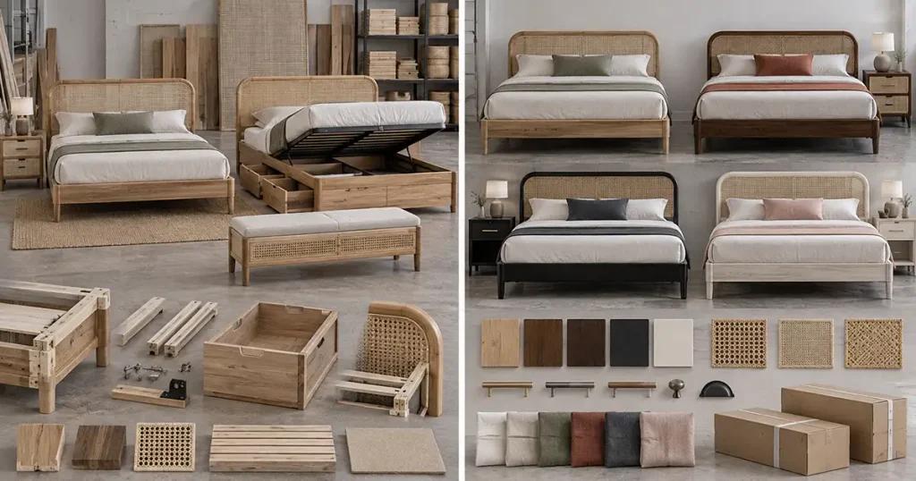 Comparison between structural furniture variation and late-stage differentiation using finishes, hardware, and rattan details