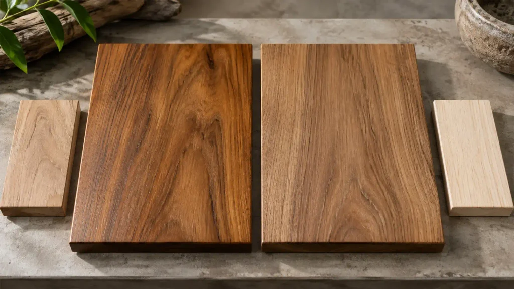 Wood finish comparison on Teak and Sungkai for indoor dining chairs.