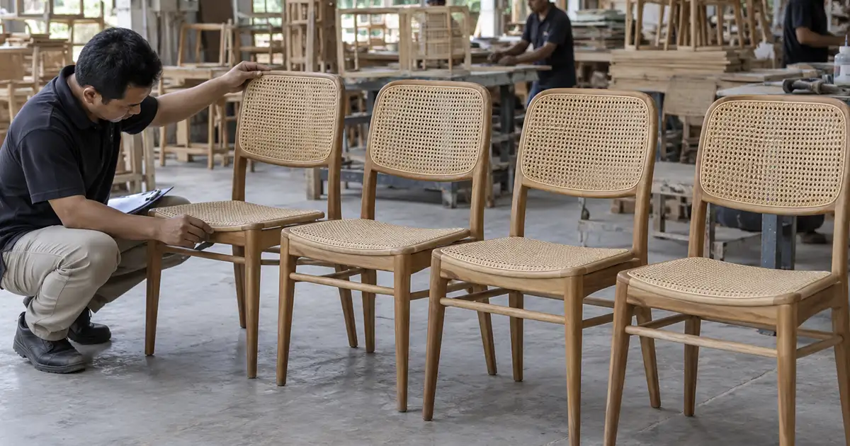 Wood and rattan dining chairs compared side by side with an approved sample before bulk production