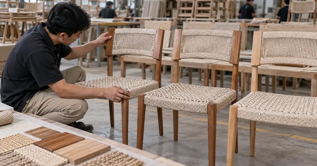 Wood and rattan dining chairs checked for finish, weaving, dimensions, and bulk production consistency