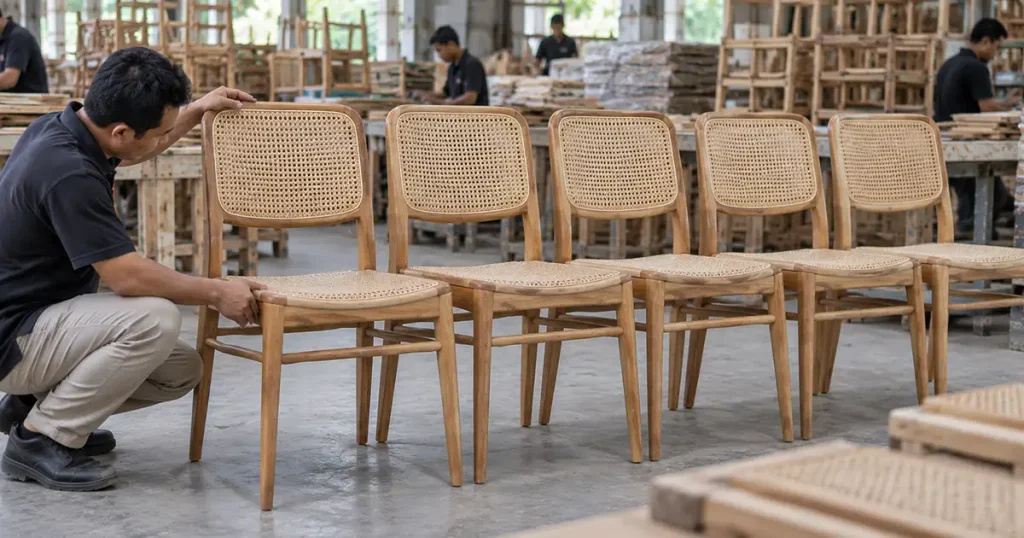 Early-production wood and rattan dining chairs compared side by side for construction and visual consistency.