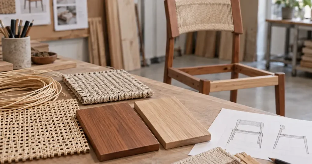 Wood and rattan dining chairs material development showing wood finish and woven tone compariso
