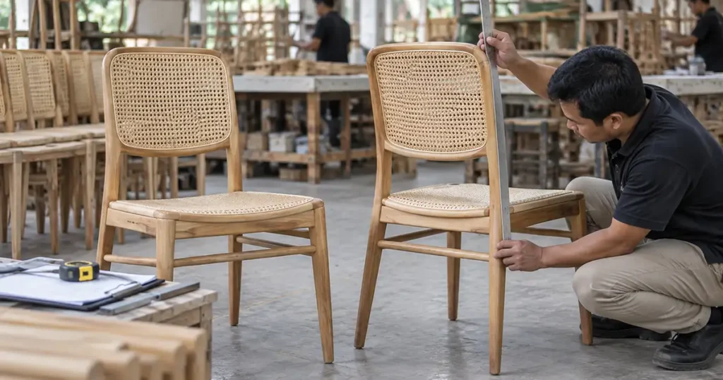 Wood and rattan dining chairs undergoing frame geometry and stability inspection before bulk production.