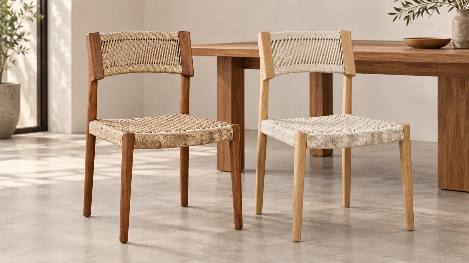 Wood and rattan dining chairs in Teak and Sungkai finishes for an indoor retail furniture collection