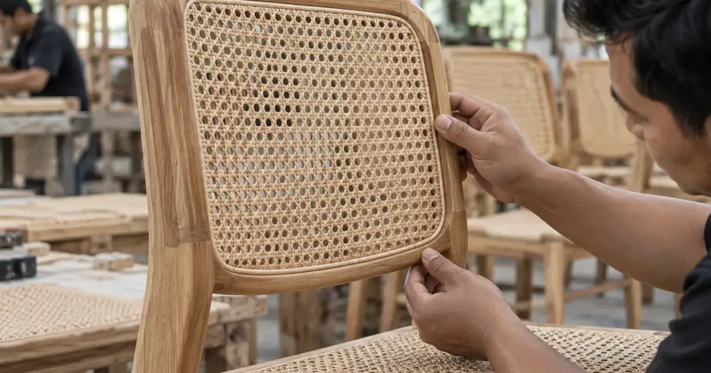Close-up of wood and rattan dining chairs showing rattan attachment, weave spacing, and pattern consistency.
