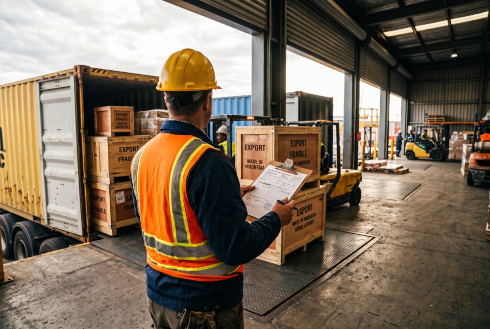 A logistics inspector checking V-Legal shipment documents for a wooden furniture export container at a loading dock