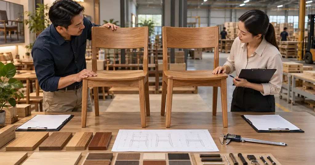 Product specifications and FOB quotations used to compare Indonesian furniture manufacturers for the same wooden dining chair.