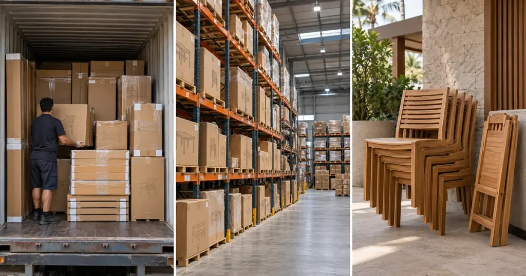 Comparison of teak garden furniture cartons in export shipping, retail warehousing, and chair storage.