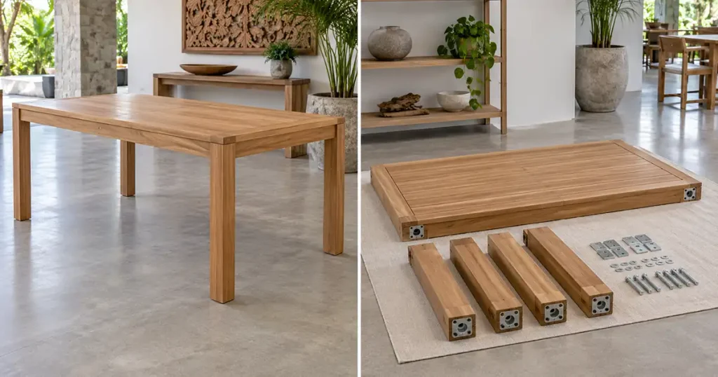 Fixed teak garden table shown assembled and with detachable legs for knock-down shipping.
Prompt: