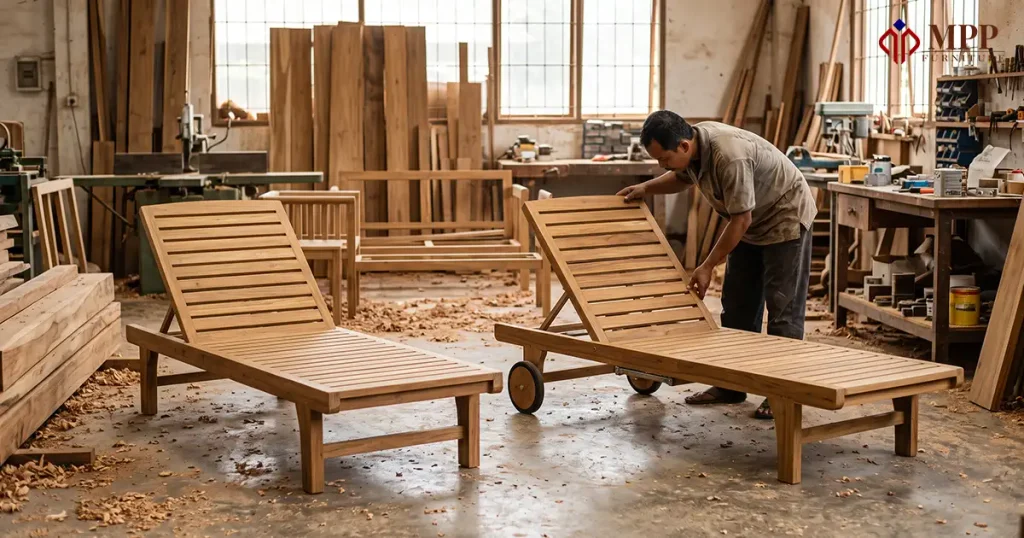 Teak poolside furniture construction comparison with fixed and adjustable teak sun loungers