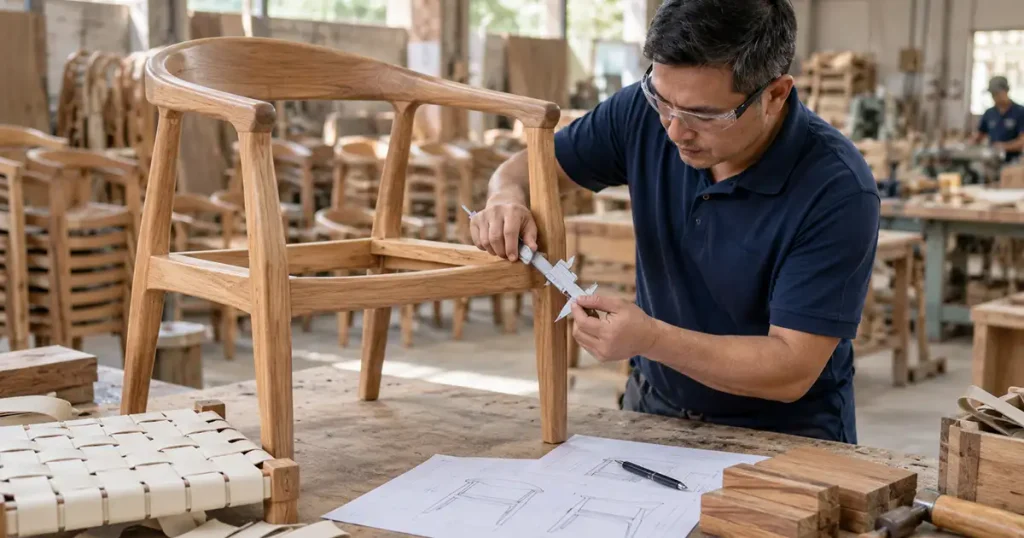 Furniture manufacturing sample inspection showing the construction and dimensional accuracy of a curved wooden dining chair.