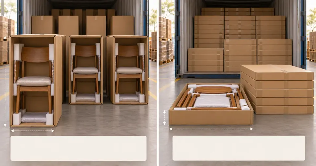 Furniture sourcing comparison of assembled and knock-down packing configurations, carton dimensions, and container efficiency for furniture importers.