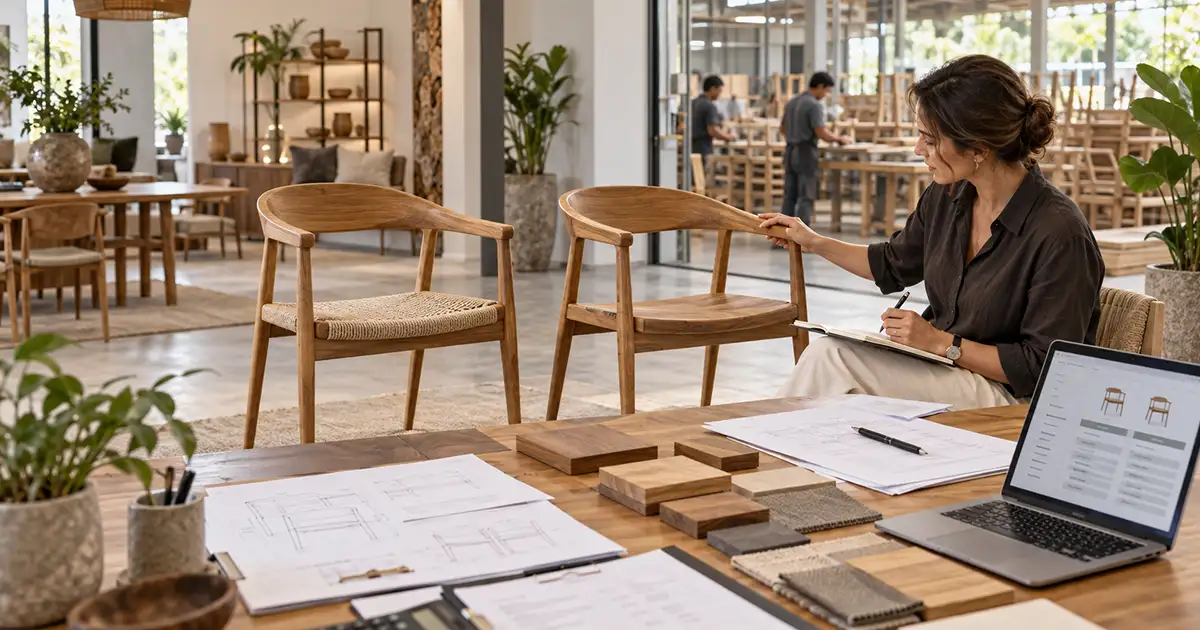 Furniture sourcing comparison of Indonesian furniture manufacturers using product samples, quotations, and material specifications.