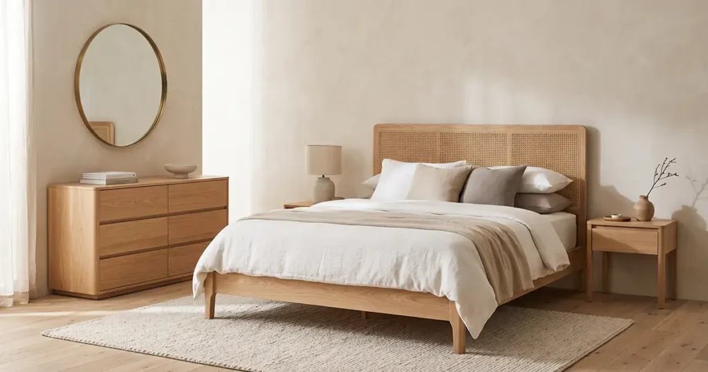Japandi Bedroom Furniture with Light Wood and Rattan Japandi bedroom furniture with light wood bed, rattan headboard, and restrained natural details