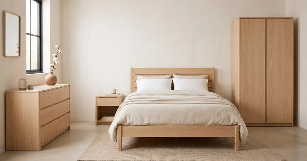 Light wood bedroom furniture creating a calm Japandi bedroom design foundation
